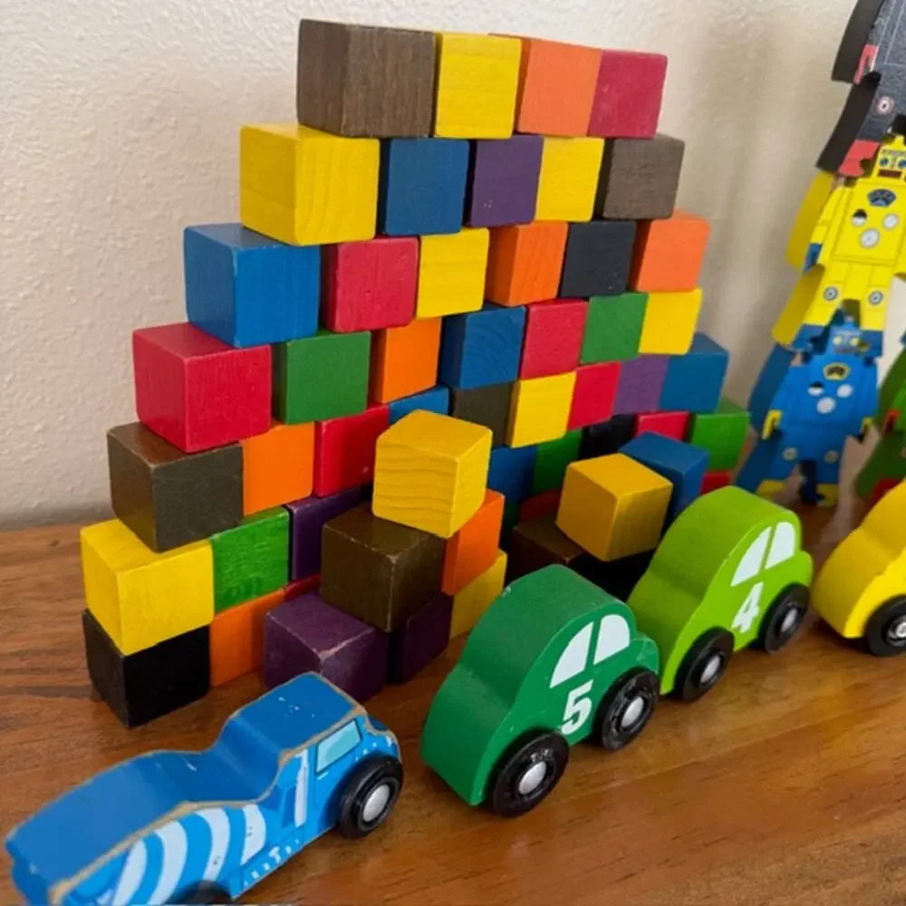 Set of Wooden Building Blocks, stacking of 9 Robots and 6 Cars